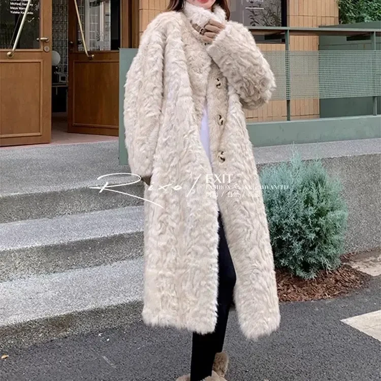 人造皮草 秋冬新款小立领长款加厚毛毛外套时尚百搭