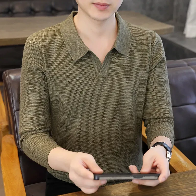 翻领长袖T恤男士春秋季2025新款纯色针织打底衫潮流个性上衣爆款