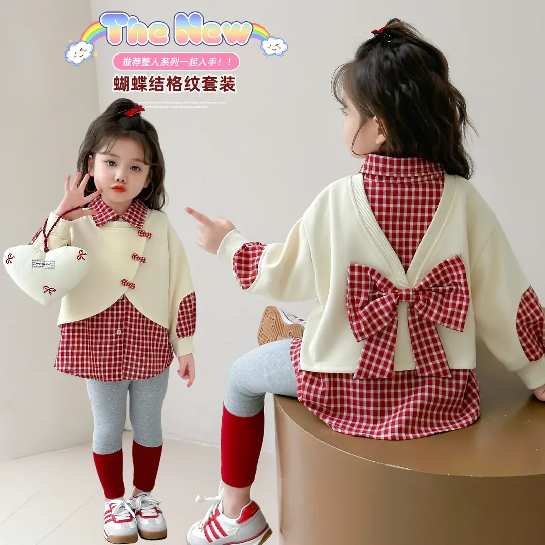 女童洋气蝴蝶结套装春秋新款时髦女宝宝假两件卫衣甜美两件套小童