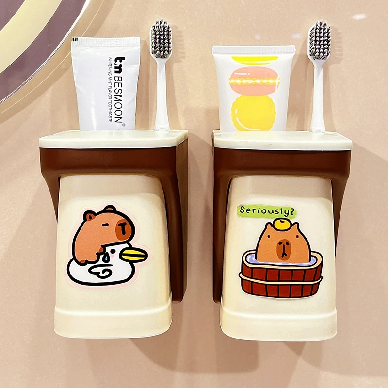 漱口杯家用壁挂免打孔可爱卡通卡皮巴拉儿童刷牙杯磁吸牙刷置物架