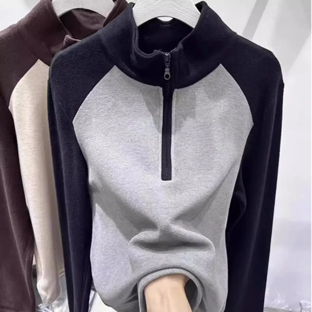 秋冬新款半拉链内搭卫衣打底衫女德绒立领磨毛撞色插肩长袖上衣