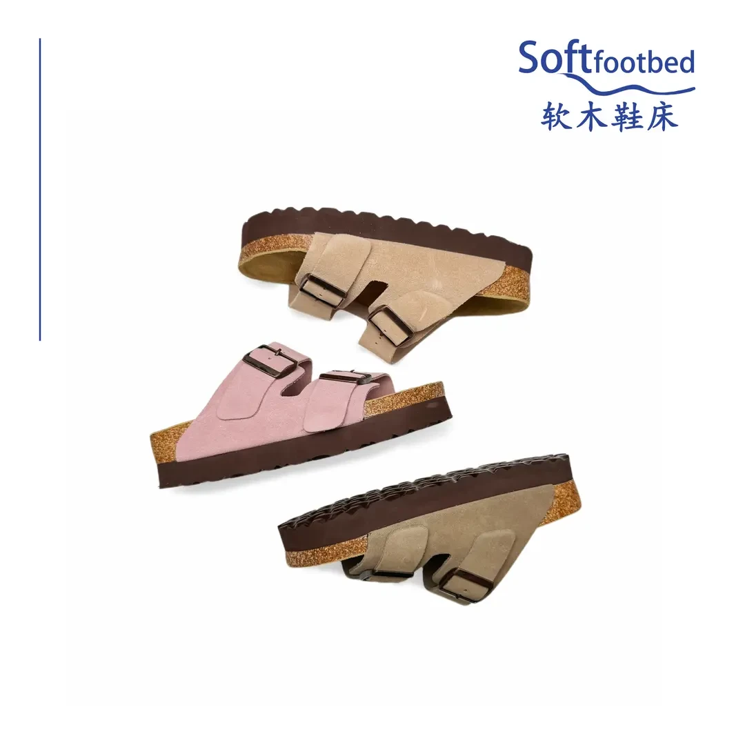 <勃肯二字双扣厚底>BK德国进口软木夏季外穿牛皮双扣厚底拖鞋