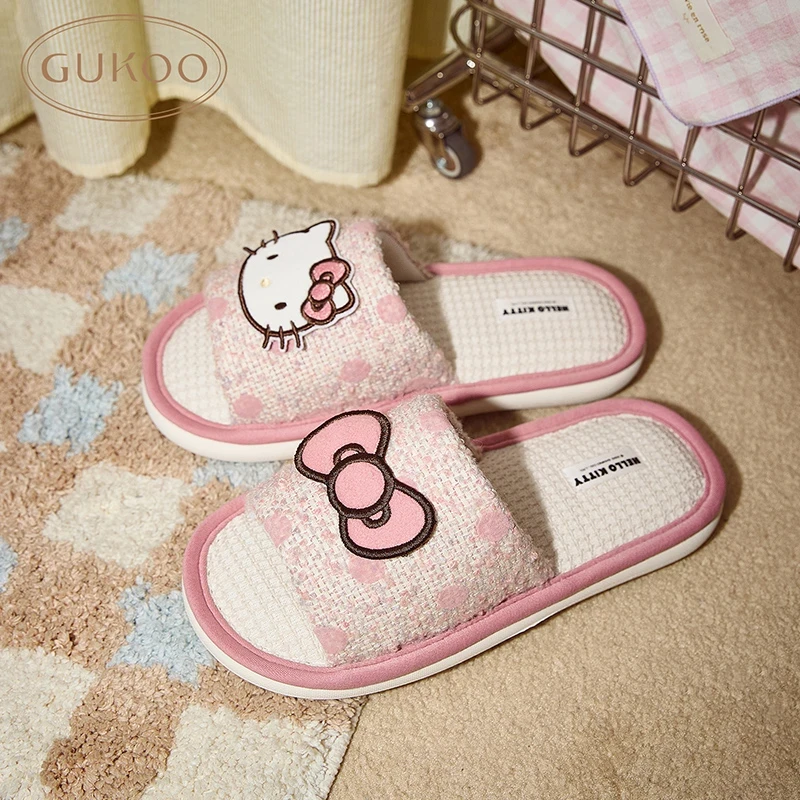 Gukoo果壳HelloKitty系列春夏拖鞋亚麻拖甜美女士家居拖鞋