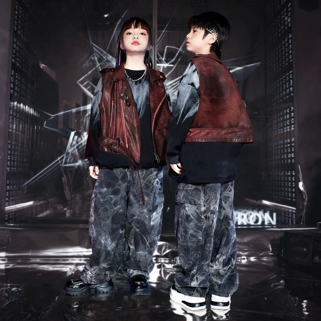 街舞潮流套装迷彩复古牛仔大童爵士架子鼓演出服服装嘻哈宽松秋季