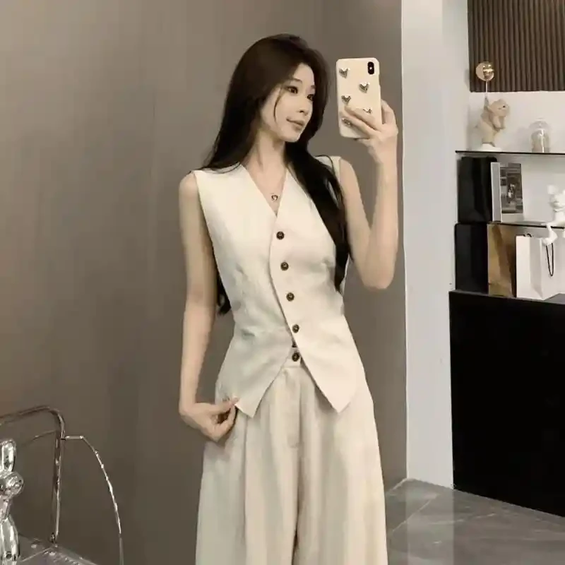 老钱风设计感V领无袖西装马甲+高腰阔腿裤两件套女时尚休闲套装