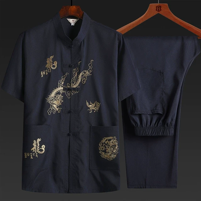 中国风爸爸爷爷唐装短袖上衣盘扣复古汉服居士服春夏季中老年套装