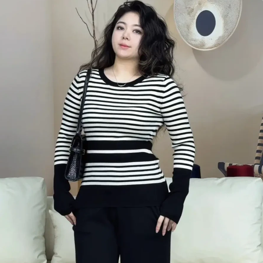 德国扬子纱100精纺羊毛修身显瘦气质时尚圆领长袖条纹打底羊毛衫