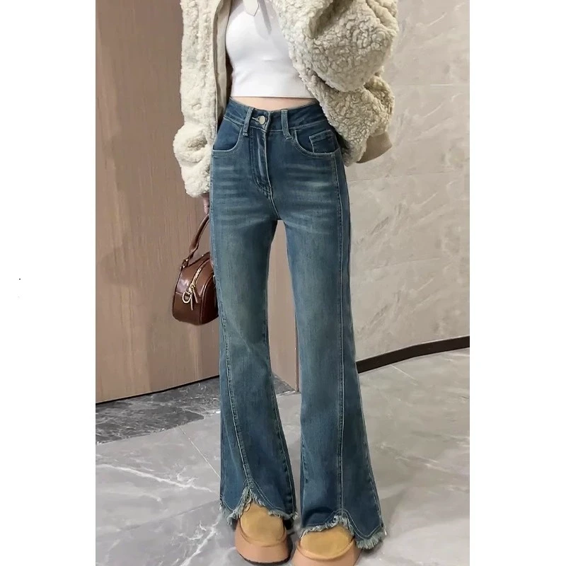 【现货+运费险】开叉微喇牛仔裤大码胖mm弹力显瘦梨形毛边喇叭裤