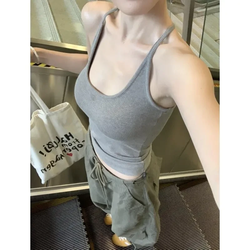 印像家挂脖吊带女带胸垫纯欲风性感辣妹收腰显瘦外穿内搭工字上衣