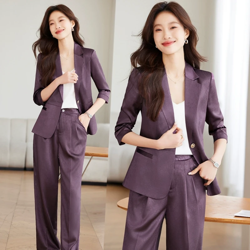 紫色醋酸缎西装套装女夏季薄款时尚高级感提花小西装外套女阔腿裤