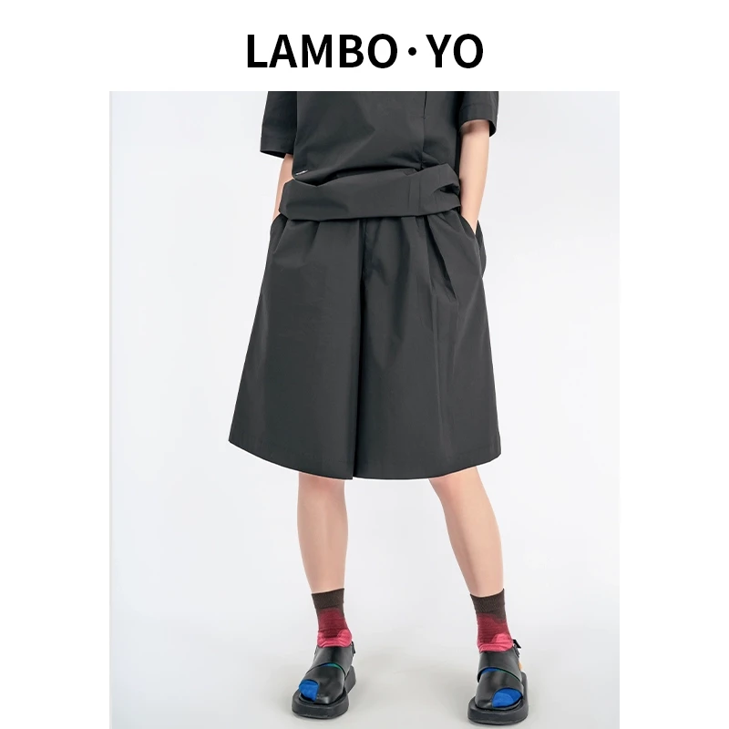 LAMBOYO夏季新款压皱设计师款黑色短裤遮肉显瘦宽松阔腿休闲裤女