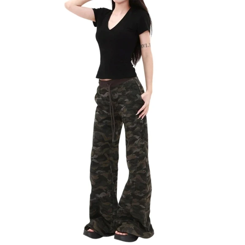 美式复古辣妹迷彩微喇休闲裤女春季2025新款显瘦休闲阔腿拖地裤子