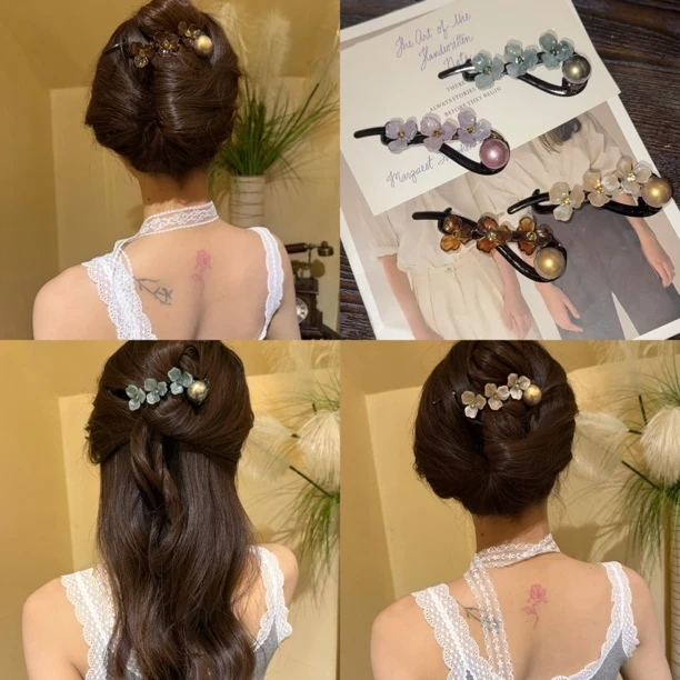 复古气质花朵一字发夹女2025新款后脑勺盘发抓夹扭扭夹子头饰发卡