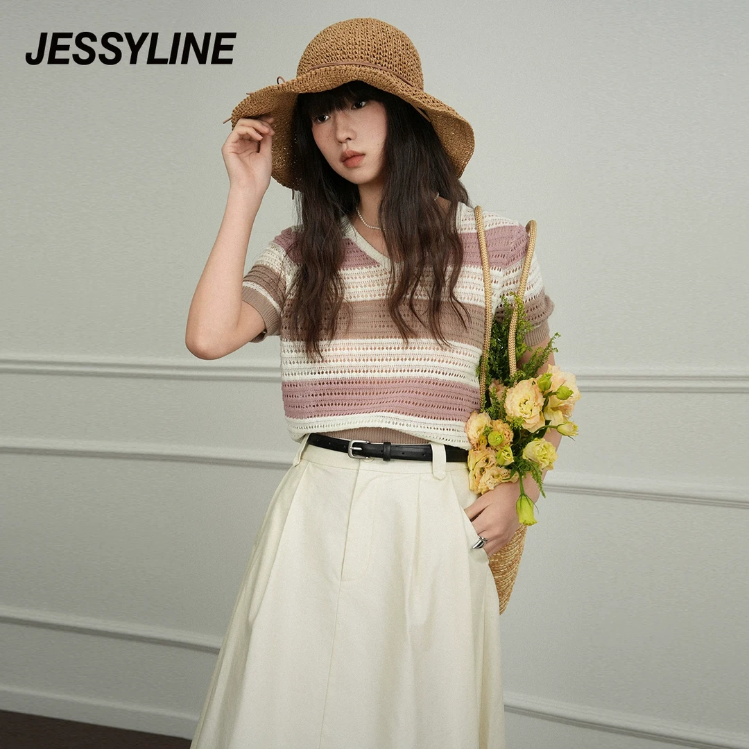 jessyline夏季新款 杰茜莱拼色薄款v领针织衫 425104545