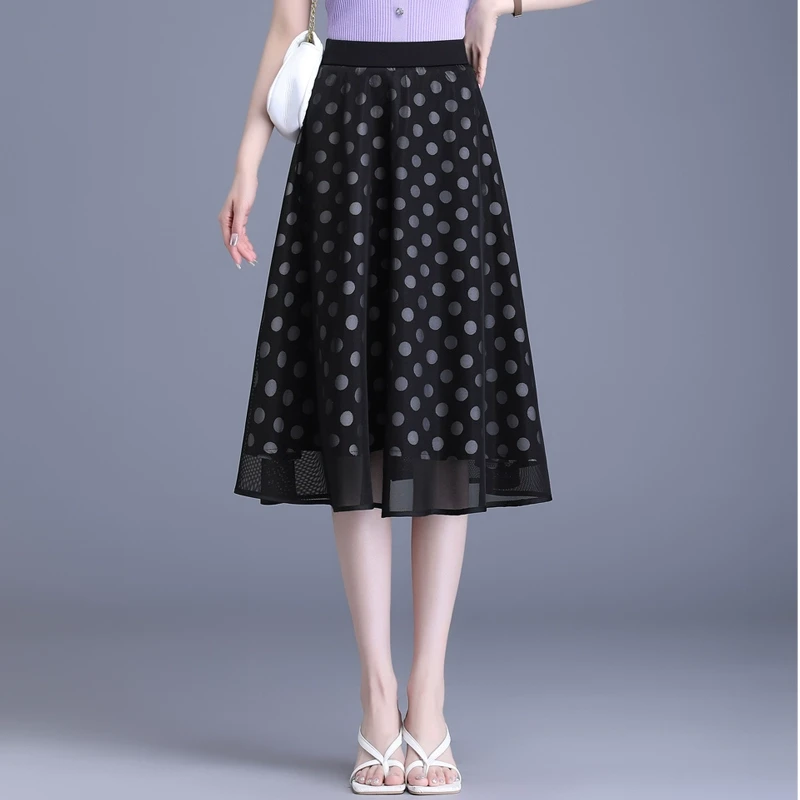 波点网纱半身裙女夏季2025新款高腰中长a字裙松紧腰显瘦休闲伞裙