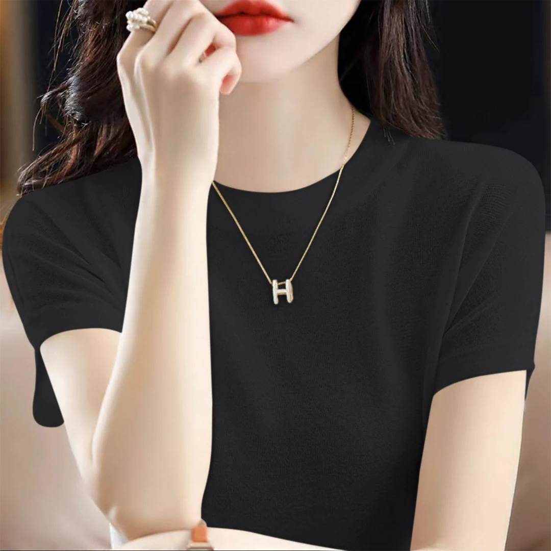 夏季高级感圆领纯色短袖针织衫2025新款宽松气质显瘦T恤上衣女装