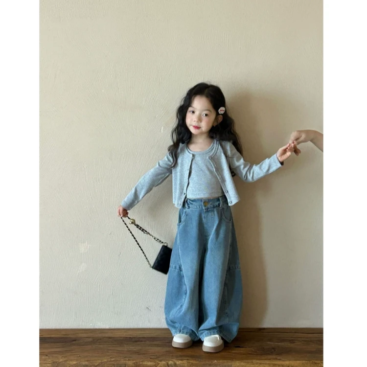 童装儿童灰色背心开衫两件套2025春新款女童韩系叠穿套装