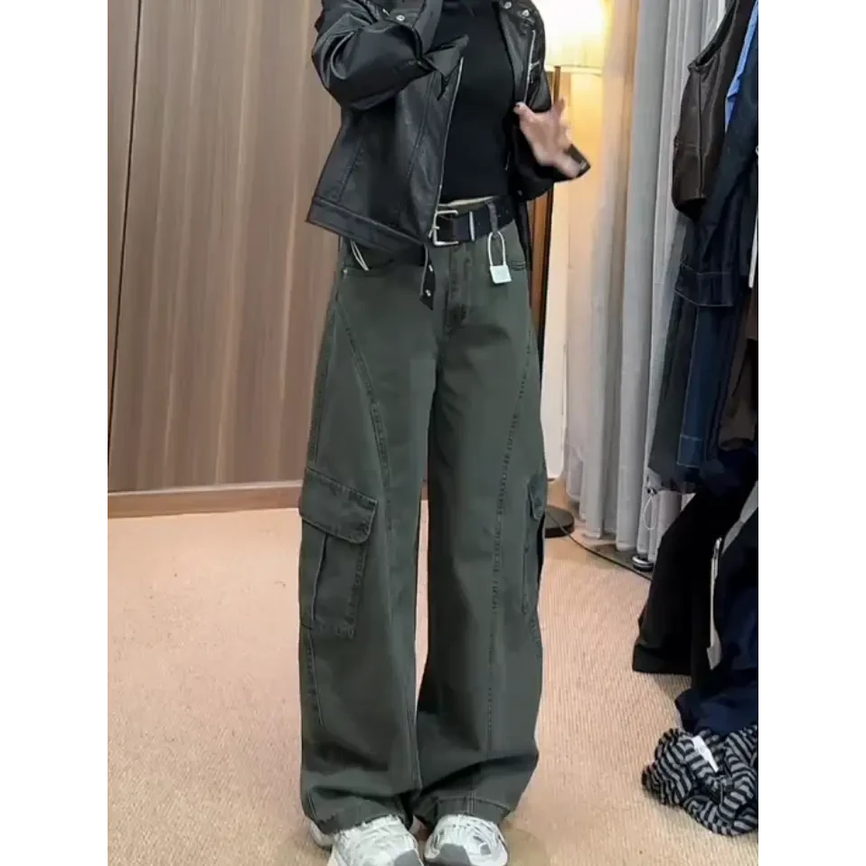 秋季新款美式复古高街牛仔裤2025大码女装高腰宽松显瘦工装阔腿裤