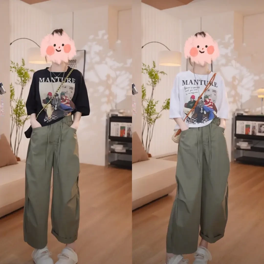 夏季新款时尚减龄卡通印花薄款短袖T恤休闲宽松弯刀阔腿裤两件套