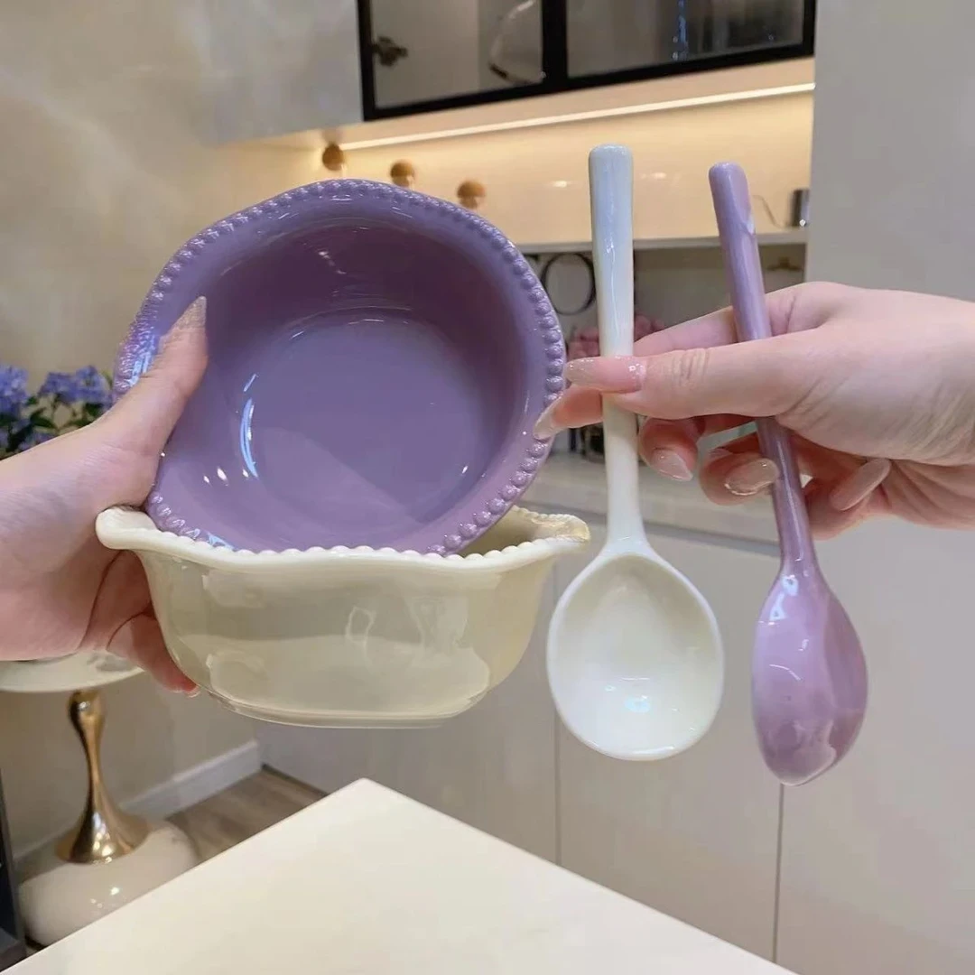 奶fufu超高颜值米饭碗勺沙拉碗勺ins风耐高温家用陶瓷釉下彩餐具