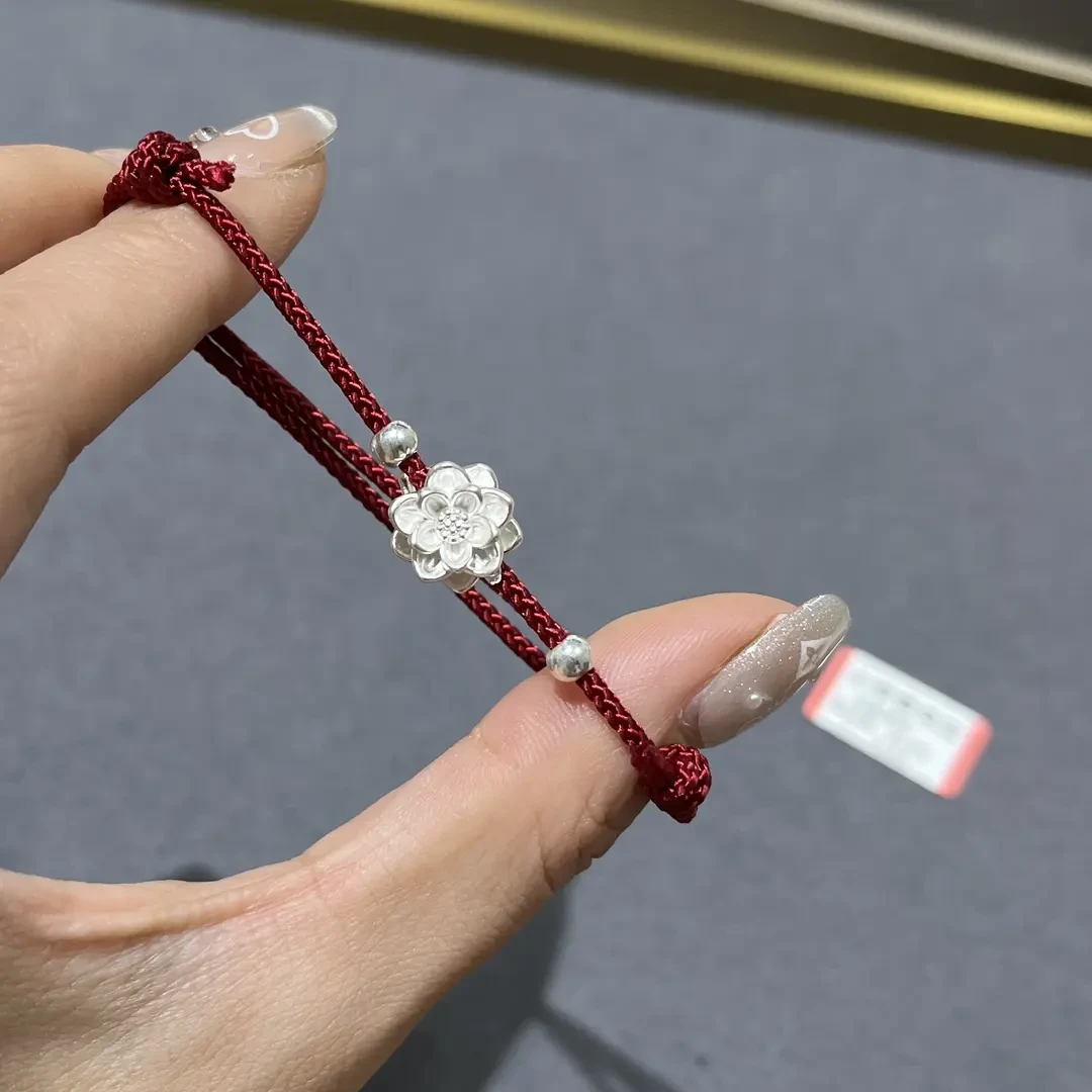 足银999纯银好运连连莲花手链上岸红绳闺蜜同款生日礼物