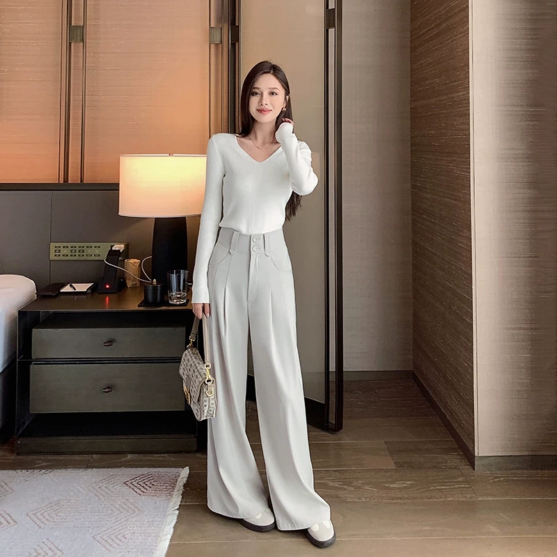 林关关 实力隐藏 浅灰绿宽松垂感直筒休闲裤A34119