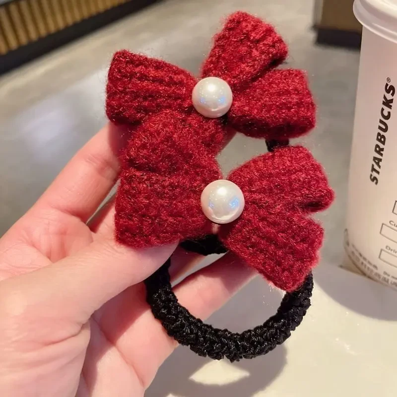 红色毛线蝴蝶结发圈高马尾耐用发绳喜庆可爱红头绳橡皮筋简约皮套