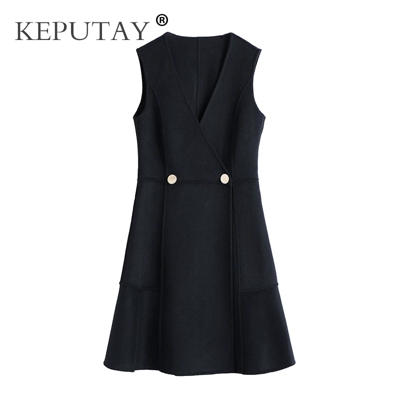 双面羊毛连衣裙黑色秋冬新款修身气质高端毛呢A字背心中长裙 显瘦