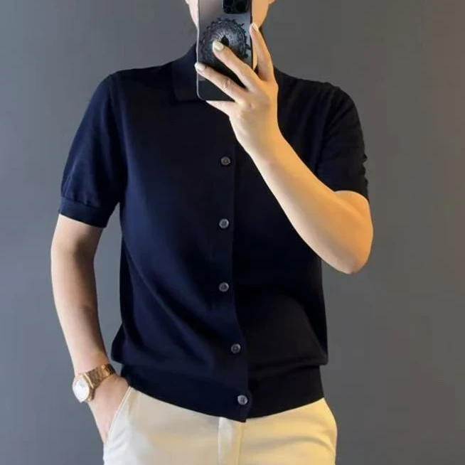 夏季欧美简约针织Polo衫薄款纯色修身韩版简约男装半袖针织T恤