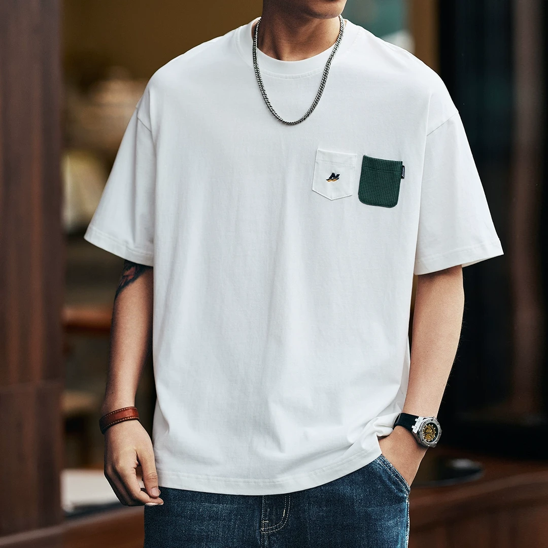 格蓝鹿美式重磅纯棉口袋短袖T恤男2025夏季宽松休闲圆领男士半袖