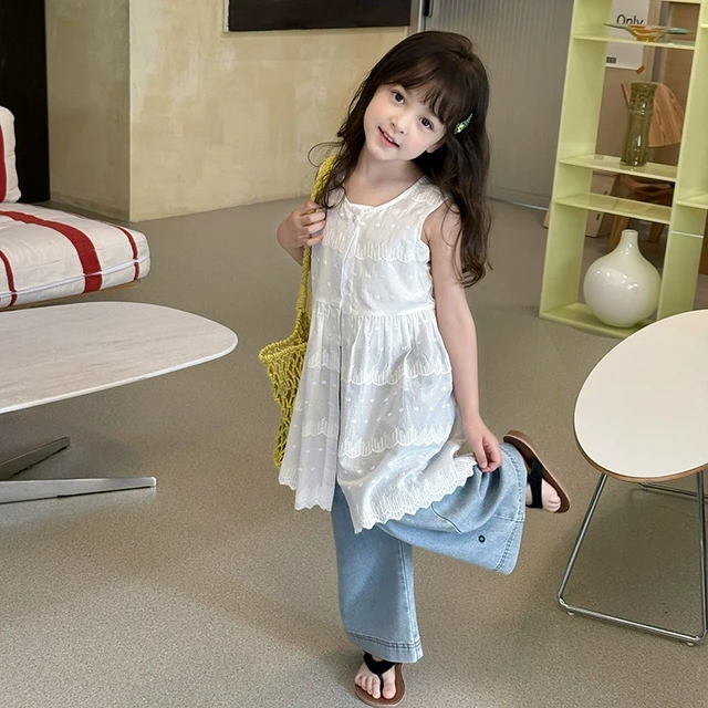 依依妈儿童轻薄防晒无袖罩衫裙女童气质甜美蕾丝提花叠穿背心裙夏