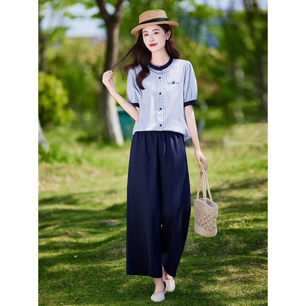 亚麻套装女夏季2025新款大方洋气穿搭一整套短袖衬衫休闲裤两件套