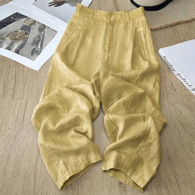天丝亚麻老钱风休闲裤女2025年夏季新款宽松直筒阔腿哈伦萝卜裤子