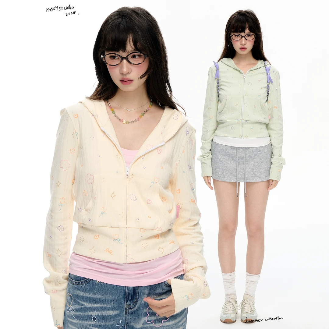 NECY 春日小花满印开衫休闲可爱连帽卫衣早秋外套短款长袖上衣女