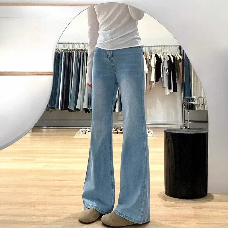 浅蓝色微喇牛仔裤女夏季薄款大码胖mm高腰显瘦冰丝喇叭马蹄裤
