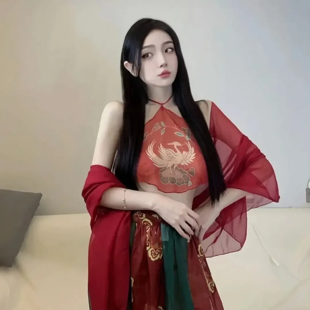 古装宫廷风薄款汉服套装敦煌飞天凤挂脖肚兜抹胸国风睡裙