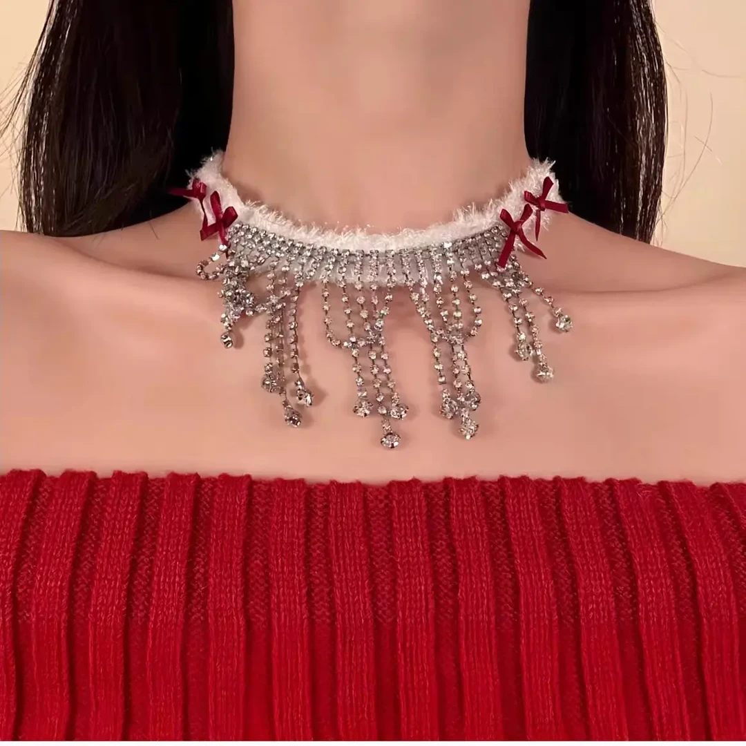 铜合金布艺项链 新年圣诞蝴蝶结流苏项链2025年高级感锁骨链女