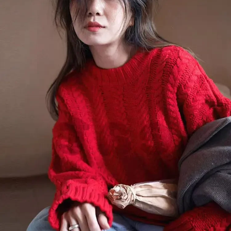 奶蓝色麦穗麻花毛衣女秋冬新款圆领宽松温柔加厚针织套头上衣