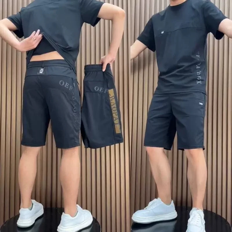 夏季薄款网眼冰丝休闲套装男士户外速干透气弹力宽松T恤短裤一套