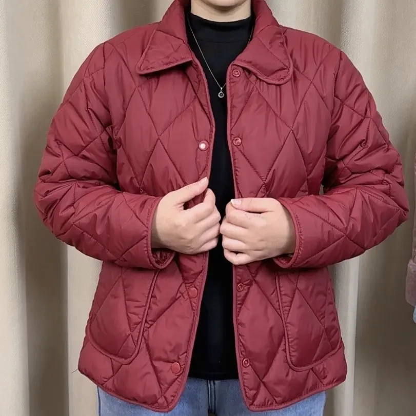 2025女士翻领菱形棉袄保暖薄款短款棉服春季新款时尚妈妈装外套