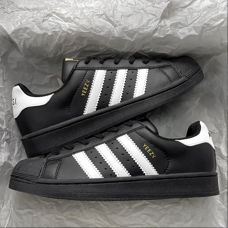 官方正品黑色金标三杠贝壳头男女款百搭厚底运动男鞋休闲板鞋子