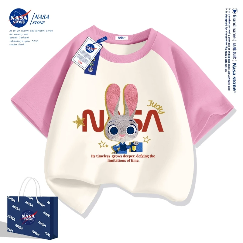 NASA女童短袖T恤纯棉2025新款中大童夏季半袖儿童夏装多巴胺上衣
