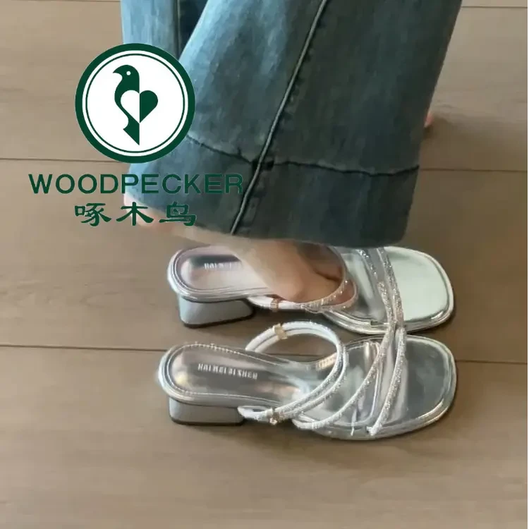 啄木鸟绝美银色凉鞋女2025新款夏季法式粗跟配裙子两穿一字凉拖鞋