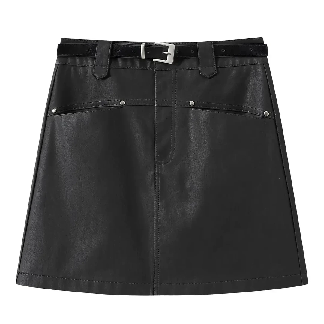 秋季时尚气质新款咖色高腰显瘦防走光A字半身皮裙