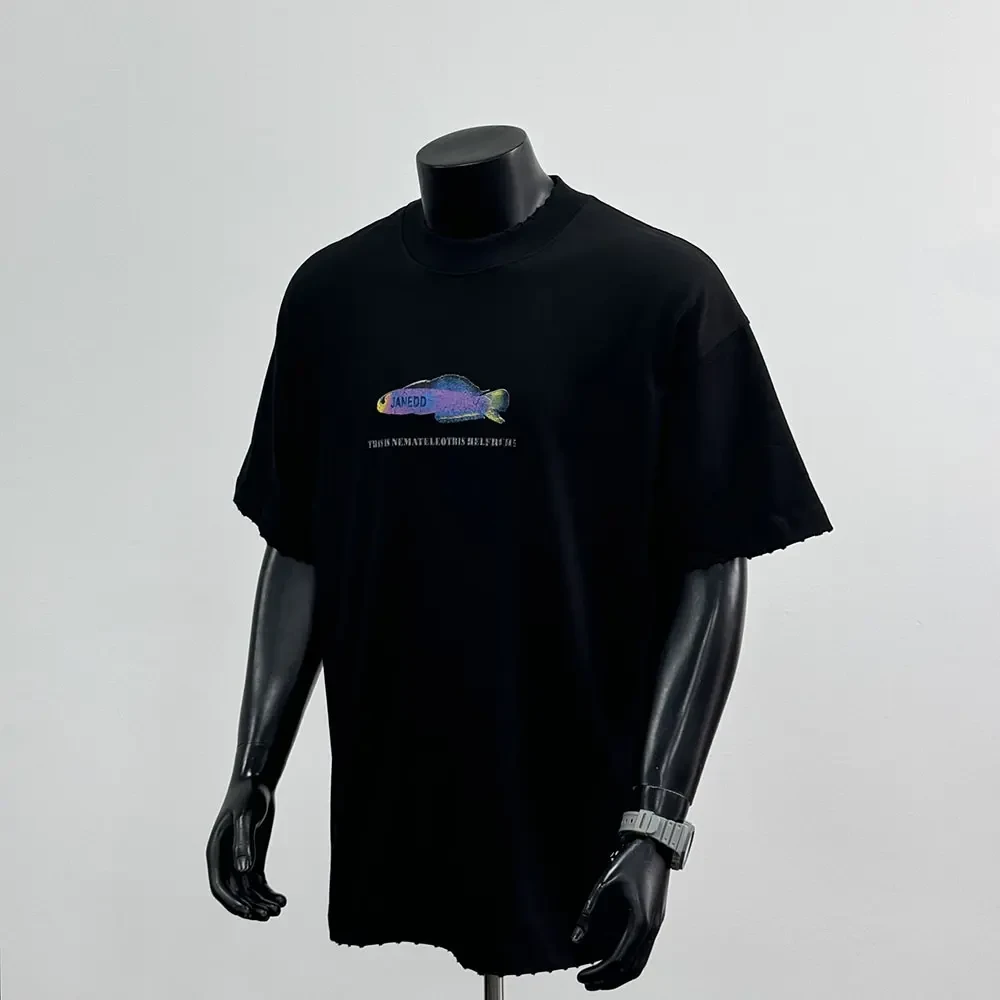 2025年夏季新款美式潮牌纯棉小领口鱼印花短袖高质感黑色T恤T1532