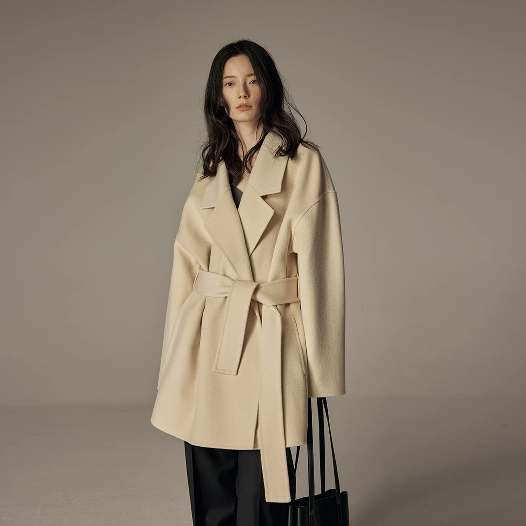 2025新款宽松简约白色短款双面呢大衣系带中长款呢子外套