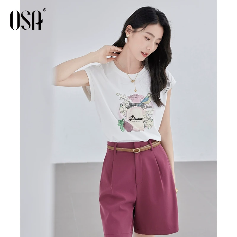 OSA/欧莎 印花短袖t恤女夏清爽宽松休闲小飞袖圆领上衣S125B11025