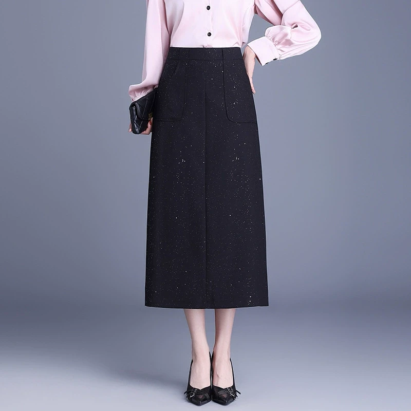 休闲黑色包臀裙女2025年春秋新款高腰显瘦亮片直筒半身一步裙长裙