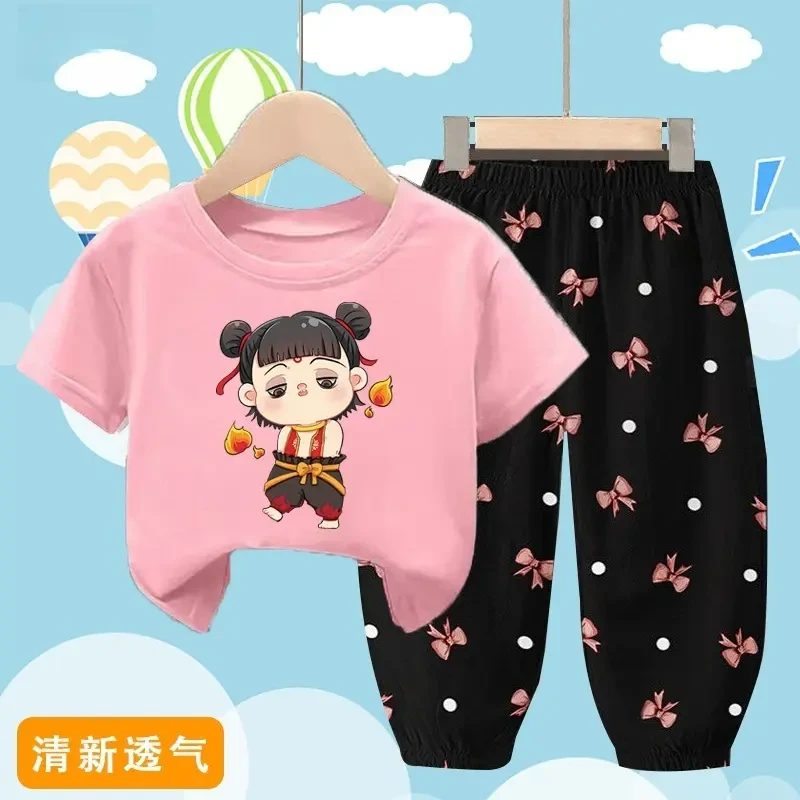 2025女宝宝女童夏季凉快新款纯棉短袖哪吒T恤薄款夏装防蚊裤套装