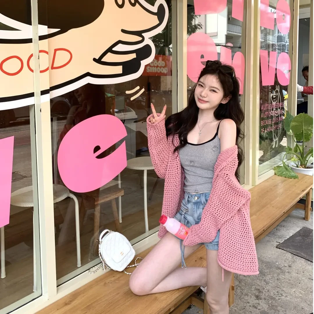 春游出行衣服高质感韩系显瘦吊带背心叠穿开衫外套小众牛仔短裤